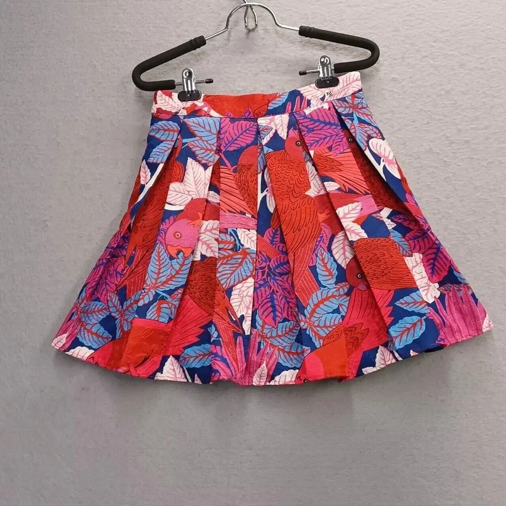 Womens Modcloth Small Tropical Floral Bird Print Pleated Umbrella Skirt
